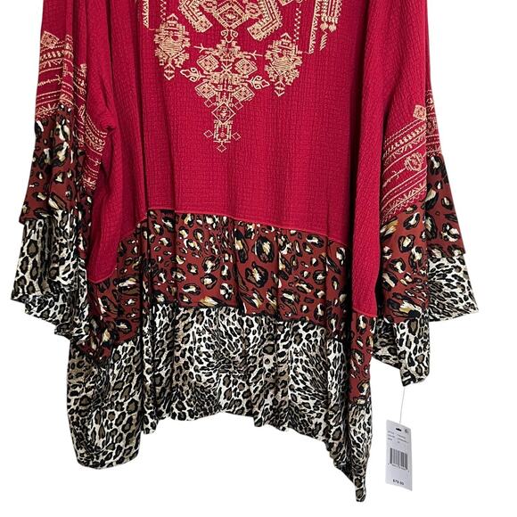Calessa Womens Tunic Top 2X Red Embroidered Boho Animal Print Mixed Fabric - Picture 4 of 9